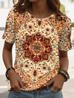 Women's T Shirt Graphic Paisley Vintage Stylish Casual Short Sleeve Crew Neck Regular Tops Daily Weekend Beach Wear Print Black+White+Red Black Pink Dark Green Brown Summer Women T-Shirts|Boho Tops