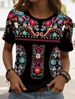 Women's T Shirt Graphic Paisley Vintage Stylish Casual Short Sleeve Crew Neck Regular Tops Daily Weekend Beach Wear Print Black+White+Red Black Pink Dark Green Brown Summer Women T-Shirts|Boho Tops