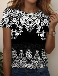 Women's T Shirt Graphic Paisley Vintage Stylish Casual Short Sleeve Crew Neck Regular Tops Daily Weekend Beach Wear Print Black+White+Red Black Pink Dark Green Brown Summer Women T-Shirts|Boho Tops