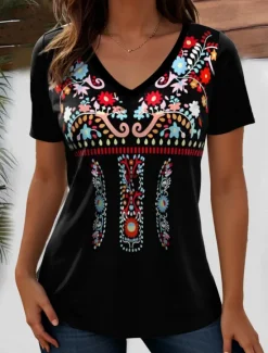 Clearance Women's T Shirt Graphic Paisley Bohemia Stylish Casual Short Sleeve V Neck Regular Tops Daily Weekend Beach Wear Print White / Black Black Red Light Brown Purple Summer Women Boho Tops
