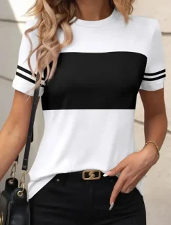 Clearance Women's T Shirt Graphic Striped Vintage Stylish Classic Short Sleeve Crew Neck Regular Tops Daily Weekend Print Black White Summer Women T-Shirts