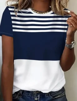 Best Women's T Shirt Graphic Striped Stylish Casual Short Sleeve Round Neck Regular Tops Daily Weekend Patchwork Print Summer Spring Women T-Shirts