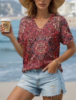 Hot Women's T Shirt Graphic Stylish Casual Boho Short Sleeve Crew Neck Regular Tops Daily Print Summer Spring Women Boho Tops