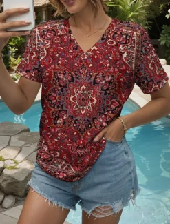 Hot Women's T Shirt Graphic Stylish Casual Boho Short Sleeve Crew Neck Regular Tops Daily Print Summer Spring Women Boho Tops