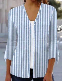 Women's T Shirt Graphic Striped Elegant Vintage Stylish 3/4 Length Sleeve V Neck Regular Tops Daily Print Navy Blue Beige Light Blue Summer Women T-Shirts