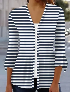 Women's T Shirt Graphic Striped Elegant Vintage Stylish 3/4 Length Sleeve V Neck Regular Tops Daily Print Navy Blue Beige Light Blue Summer Women T-Shirts