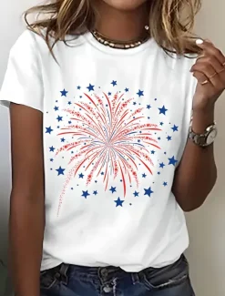 Online Women's T Shirt Graphic Vintage Stylish Classic Short Sleeve Crew Neck Round Neck Regular Tops Daily Weekend Print Black White Pink Blue Purple Summer Spring Women Independence Day Top