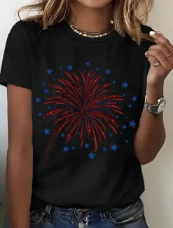 Online Women's T Shirt Graphic Vintage Stylish Classic Short Sleeve Crew Neck Round Neck Regular Tops Daily Weekend Print Black White Pink Blue Purple Summer Spring Women Independence Day Top