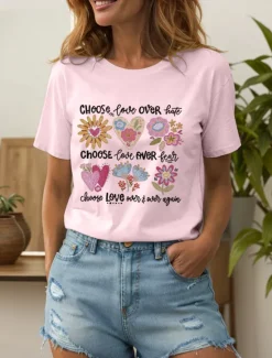 New Women's T Shirt Heart Floral Graphic Vintage Stylish Classic Short Sleeve Crew Neck Round Neck Regular Tops Daily Print Black White Pink Light Blue Summer Spring Be Kind Women T-Shirts