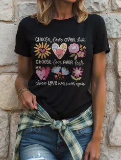 New Women's T Shirt Heart Floral Graphic Vintage Stylish Classic Short Sleeve Crew Neck Round Neck Regular Tops Daily Print Black White Pink Light Blue Summer Spring Be Kind Women T-Shirts