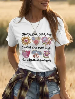 New Women's T Shirt Heart Floral Graphic Vintage Stylish Classic Short Sleeve Crew Neck Round Neck Regular Tops Daily Print Black White Pink Light Blue Summer Spring Be Kind Women T-Shirts