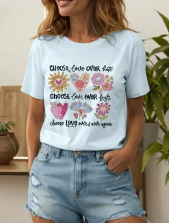 New Women's T Shirt Heart Floral Graphic Vintage Stylish Classic Short Sleeve Crew Neck Round Neck Regular Tops Daily Print Black White Pink Light Blue Summer Spring Be Kind Women T-Shirts