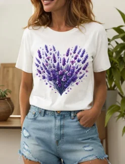 Hot Women's T Shirt Heart Floral Graphic Vintage Stylish Classic Short Sleeve Crew Neck Round Neck Regular Tops Daily Going out Weekend Print Black White Yellow Pink Blue Summer Spring Fall Women T-Shirts