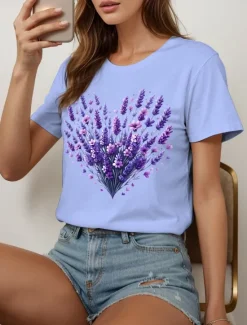 Hot Women's T Shirt Heart Floral Graphic Vintage Stylish Classic Short Sleeve Crew Neck Round Neck Regular Tops Daily Going out Weekend Print Black White Yellow Pink Blue Summer Spring Fall Women T-Shirts
