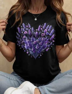 Hot Women's T Shirt Heart Floral Graphic Vintage Stylish Classic Short Sleeve Crew Neck Round Neck Regular Tops Daily Going out Weekend Print Black White Yellow Pink Blue Summer Spring Fall Women T-Shirts