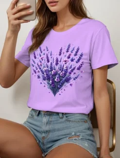 Hot Women's T Shirt Heart Floral Graphic Vintage Stylish Classic Short Sleeve Crew Neck Round Neck Regular Tops Daily Going out Weekend Print Black White Yellow Pink Blue Summer Spring Fall Women T-Shirts