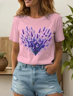 Hot Women's T Shirt Heart Floral Graphic Vintage Stylish Classic Short Sleeve Crew Neck Round Neck Regular Tops Daily Going out Weekend Print Black White Yellow Pink Blue Summer Spring Fall Women T-Shirts