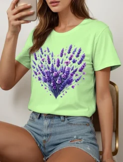 Hot Women's T Shirt Heart Floral Graphic Vintage Stylish Classic Short Sleeve Crew Neck Round Neck Regular Tops Daily Going out Weekend Print Black White Yellow Pink Blue Summer Spring Fall Women T-Shirts