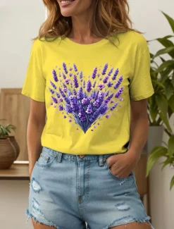 Hot Women's T Shirt Heart Floral Graphic Vintage Stylish Classic Short Sleeve Crew Neck Round Neck Regular Tops Daily Going out Weekend Print Black White Yellow Pink Blue Summer Spring Fall Women T-Shirts