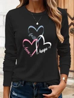 Online Women's T Shirt Heart Graphic Vintage Stylish Classic Long Sleeve Crew Neck Round Neck Regular Tops Daily Print Black Blue Khaki Rose Pink Summer Spring Fall Women T-Shirts