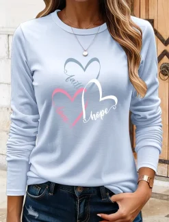 Online Women's T Shirt Heart Graphic Vintage Stylish Classic Long Sleeve Crew Neck Round Neck Regular Tops Daily Print Black Blue Khaki Rose Pink Summer Spring Fall Women T-Shirts