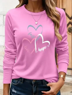 Online Women's T Shirt Heart Graphic Vintage Stylish Classic Long Sleeve Crew Neck Round Neck Regular Tops Daily Print Black Blue Khaki Rose Pink Summer Spring Fall Women T-Shirts