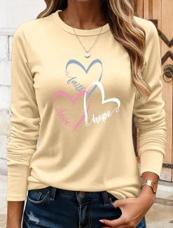 Online Women's T Shirt Heart Graphic Vintage Stylish Classic Long Sleeve Crew Neck Round Neck Regular Tops Daily Print Black Blue Khaki Rose Pink Summer Spring Fall Women T-Shirts