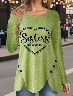 New Women's T Shirt Heart Letter Casual Long Sleeve Crew Neck Regular Tops Daily Buttons Print Asymmetrical Spring Fall Women T-Shirts