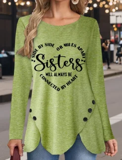 New Women's T Shirt Heart Letter Casual Long Sleeve Crew Neck Regular Tops Daily Buttons Print Asymmetrical Spring Fall Women T-Shirts