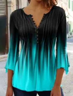 Hot Women's T Shirt Henley Blouse Basic Buttons Print 3/4 Length Sleeve Regular Tops Round Neck Casual Weekend White Pink Red Blue Green Women Tunic Tops|T-Shirts