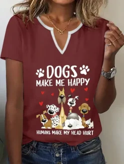Clearance Women's T Shirt Henley Shirt Basic Dog Letter Print Short Sleeve Regular Tops Round Neck Daily Weekend Black White Red Women T-Shirts
