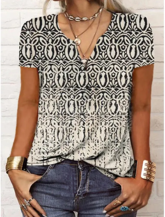 New Women's T Shirt Henley Shirt Graphic Paisley Vintage Basic Short Sleeve V Neck Regular Tops Daily Weekend Print Black Red Blue Women Boho Tops
