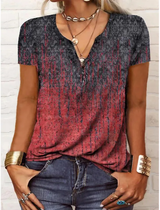 New Women's T Shirt Henley Shirt Graphic Paisley Vintage Basic Short Sleeve V Neck Regular Tops Daily Weekend Print Black Red Blue Women Boho Tops