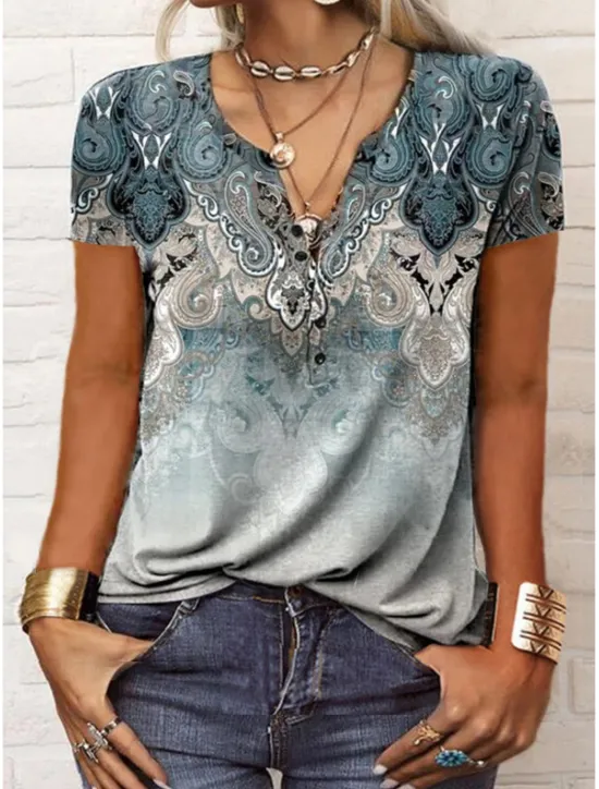 New Women's T Shirt Henley Shirt Graphic Paisley Vintage Basic Short Sleeve V Neck Regular Tops Daily Weekend Print Black Red Blue Women Boho Tops