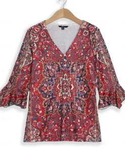Clearance Women's T Shirt Henley Shirt Floral Vintage Ethnic Daily Basic 3/4 Length Sleeve V Neck Regular Tops Holiday Weekend Buttons Print Red Purple Green Khaki Gray Fall & Winter Women Boho Tops