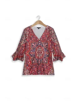 Clearance Women's T Shirt Henley Shirt Floral Vintage Ethnic Daily Basic 3/4 Length Sleeve V Neck Regular Tops Holiday Weekend Buttons Print Red Purple Green Khaki Gray Fall & Winter Women Boho Tops