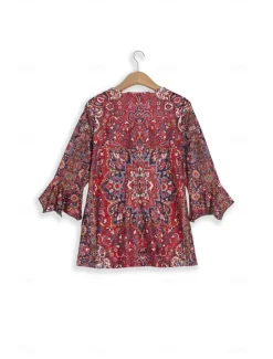 Clearance Women's T Shirt Henley Shirt Floral Vintage Ethnic Daily Basic 3/4 Length Sleeve V Neck Regular Tops Holiday Weekend Buttons Print Red Purple Green Khaki Gray Fall & Winter Women Boho Tops