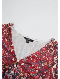 Clearance Women's T Shirt Henley Shirt Floral Vintage Ethnic Daily Basic 3/4 Length Sleeve V Neck Regular Tops Holiday Weekend Buttons Print Red Purple Green Khaki Gray Fall & Winter Women Boho Tops