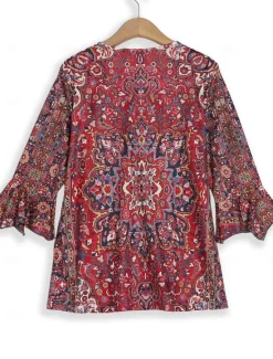 Clearance Women's T Shirt Henley Shirt Floral Vintage Ethnic Daily Basic 3/4 Length Sleeve V Neck Regular Tops Holiday Weekend Buttons Print Red Purple Green Khaki Gray Fall & Winter Women Boho Tops