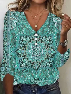 Clearance Women's T Shirt Henley Shirt Floral Vintage Ethnic Daily Basic 3/4 Length Sleeve V Neck Regular Tops Holiday Weekend Buttons Print Red Purple Green Khaki Gray Fall & Winter Women Boho Tops