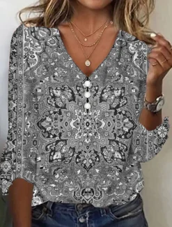 Clearance Women's T Shirt Henley Shirt Floral Vintage Ethnic Daily Basic 3/4 Length Sleeve V Neck Regular Tops Holiday Weekend Buttons Print Red Purple Green Khaki Gray Fall & Winter Women Boho Tops