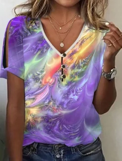 Hot Women's T Shirt Henley Shirt Graphic Basic Neon & Bright Short Sleeve V Neck Regular Tops Daily Weekend Buttons Cut Out Print Blue Purple Green Women T-Shirts