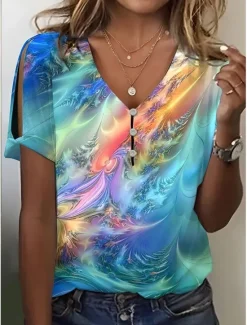 Hot Women's T Shirt Henley Shirt Graphic Basic Neon & Bright Short Sleeve V Neck Regular Tops Daily Weekend Buttons Cut Out Print Blue Purple Green Women T-Shirts