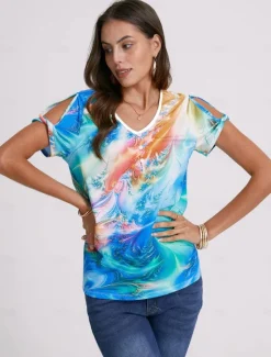 Hot Women's T Shirt Henley Shirt Graphic Basic Neon & Bright Short Sleeve V Neck Regular Tops Daily Weekend Buttons Cut Out Print Blue Purple Green Women T-Shirts