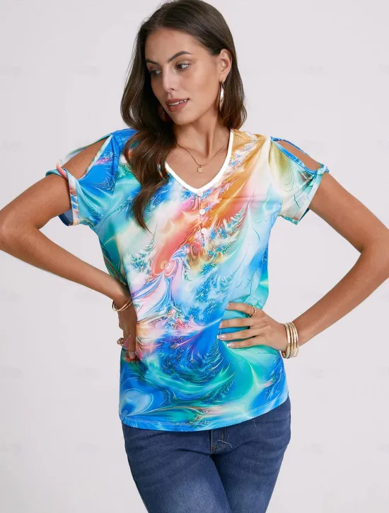 Hot Women's T Shirt Henley Shirt Graphic Basic Neon & Bright Short Sleeve V Neck Regular Tops Daily Weekend Buttons Cut Out Print Blue Purple Green Women T-Shirts