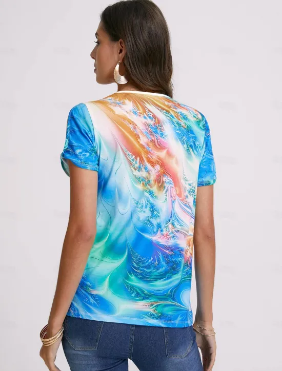 Hot Women's T Shirt Henley Shirt Graphic Basic Neon & Bright Short Sleeve V Neck Regular Tops Daily Weekend Buttons Cut Out Print Blue Purple Green Women T-Shirts