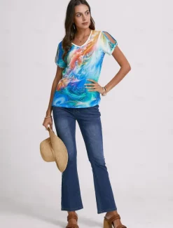 Hot Women's T Shirt Henley Shirt Graphic Basic Neon & Bright Short Sleeve V Neck Regular Tops Daily Weekend Buttons Cut Out Print Blue Purple Green Women T-Shirts