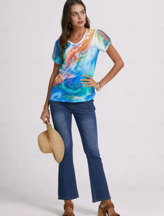 Hot Women's T Shirt Henley Shirt Graphic Basic Neon & Bright Short Sleeve V Neck Regular Tops Daily Weekend Buttons Cut Out Print Blue Purple Green Women T-Shirts