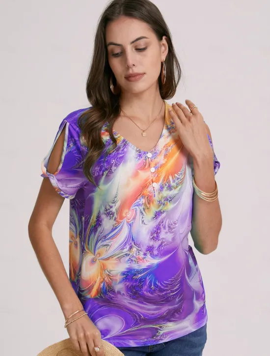 Hot Women's T Shirt Henley Shirt Graphic Basic Neon & Bright Short Sleeve V Neck Regular Tops Daily Weekend Buttons Cut Out Print Blue Purple Green Women T-Shirts