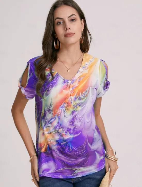 Hot Women's T Shirt Henley Shirt Graphic Basic Neon & Bright Short Sleeve V Neck Regular Tops Daily Weekend Buttons Cut Out Print Blue Purple Green Women T-Shirts
